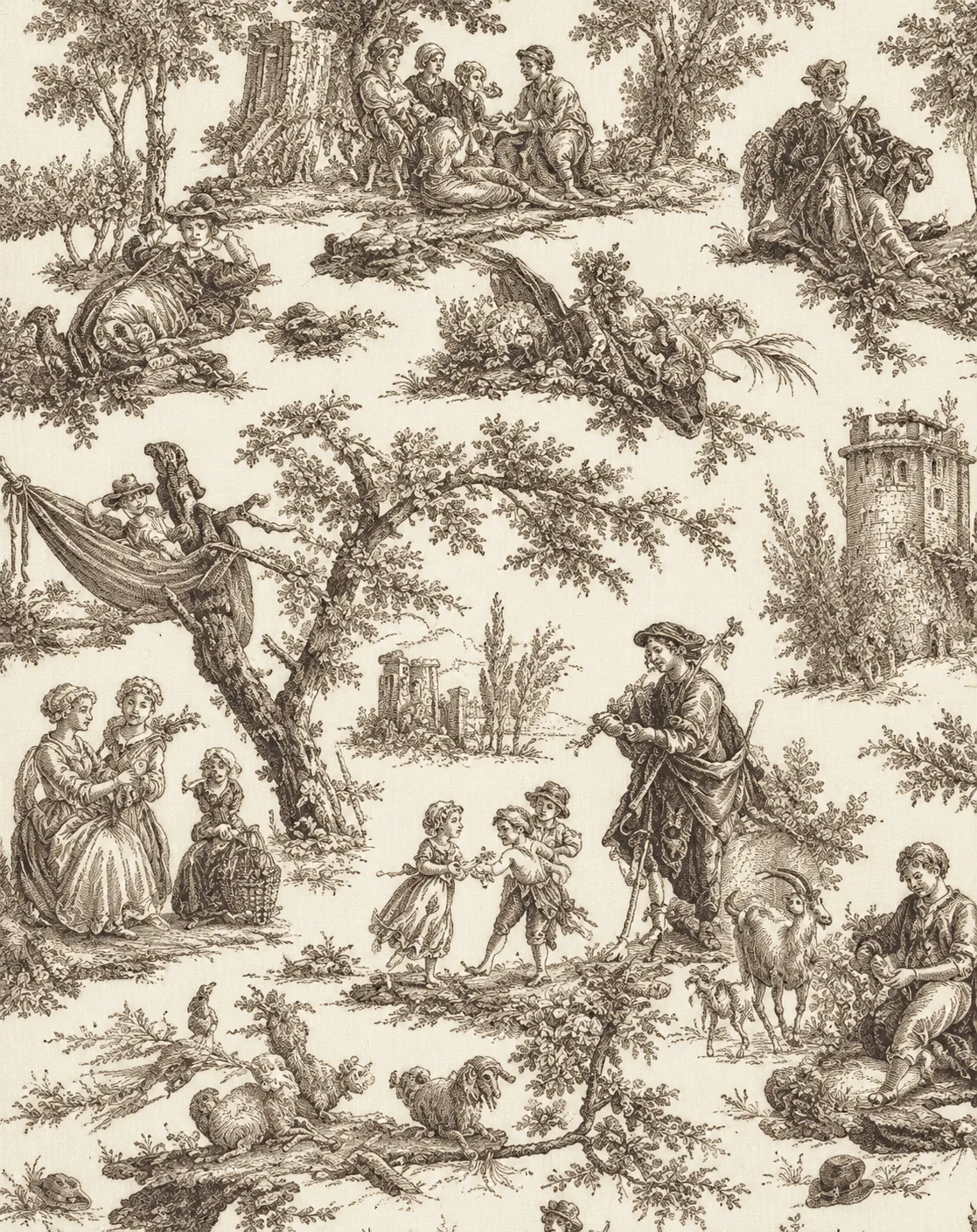 Motif décoratif sépia montrant des scènes de vie pastorale avec des enfants et des animaux.