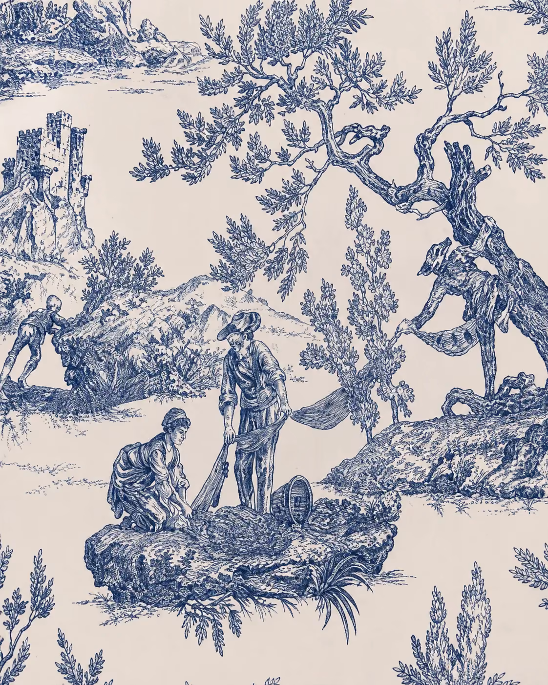 Blue monochrome toile de Jouy illustration featuring figures near a tree.