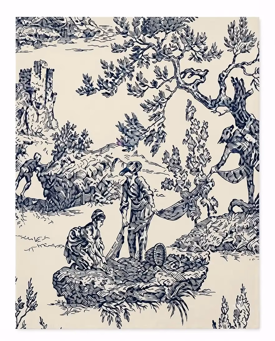 Navy blue decorative pattern on a light background showing peasants working in nature.