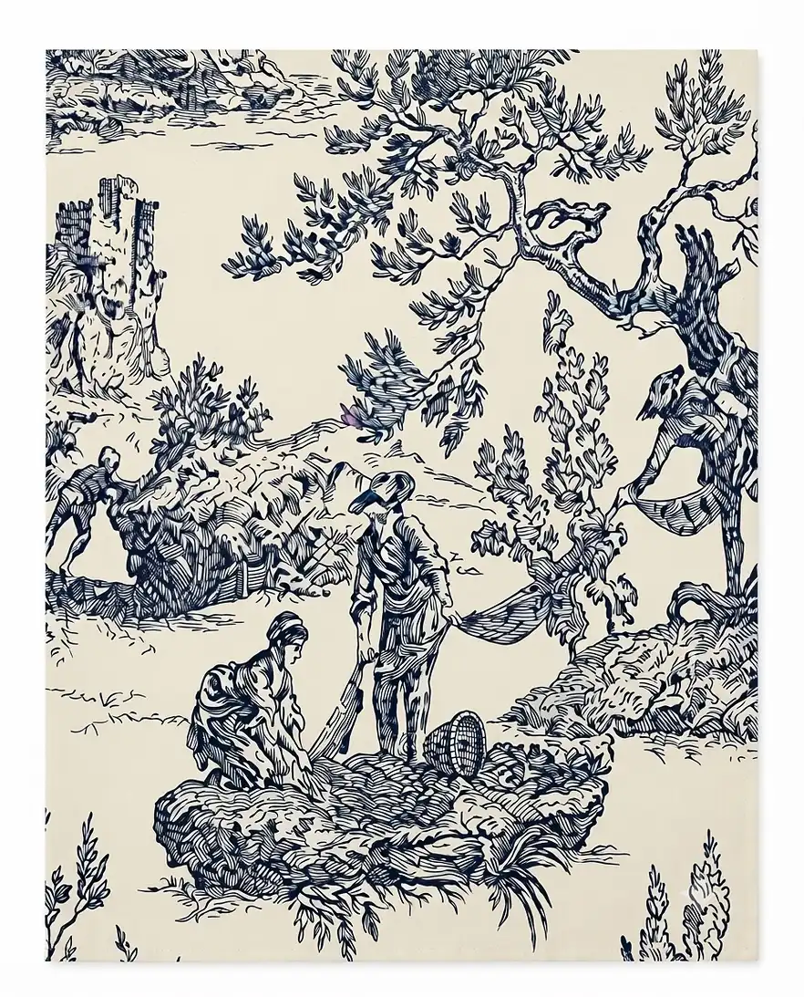 Navy blue decorative pattern on a light background showing peasants working in nature.