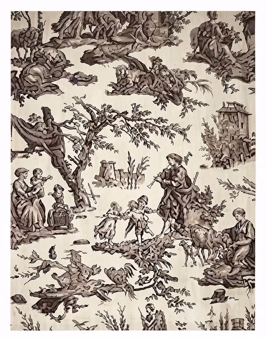 Detailed antique-style drawing depicting a bucolic scene with ruins and musicians.