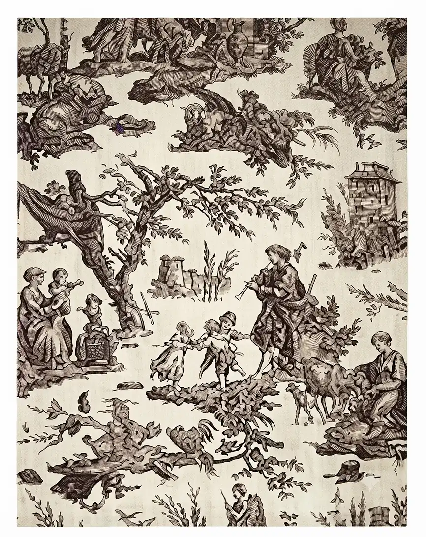 Detailed antique-style drawing depicting a bucolic scene with ruins and musicians.