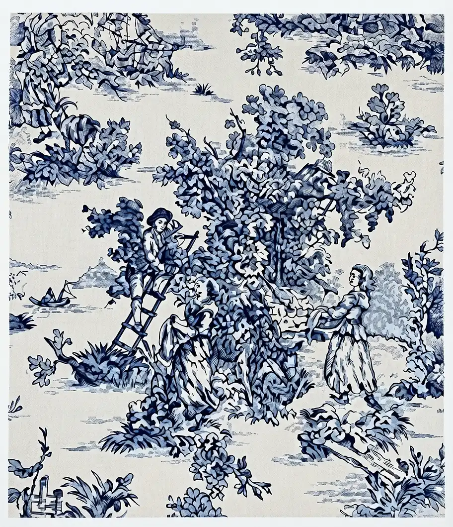 Blue monochrome toile de Jouy illustration featuring figures near a tree.