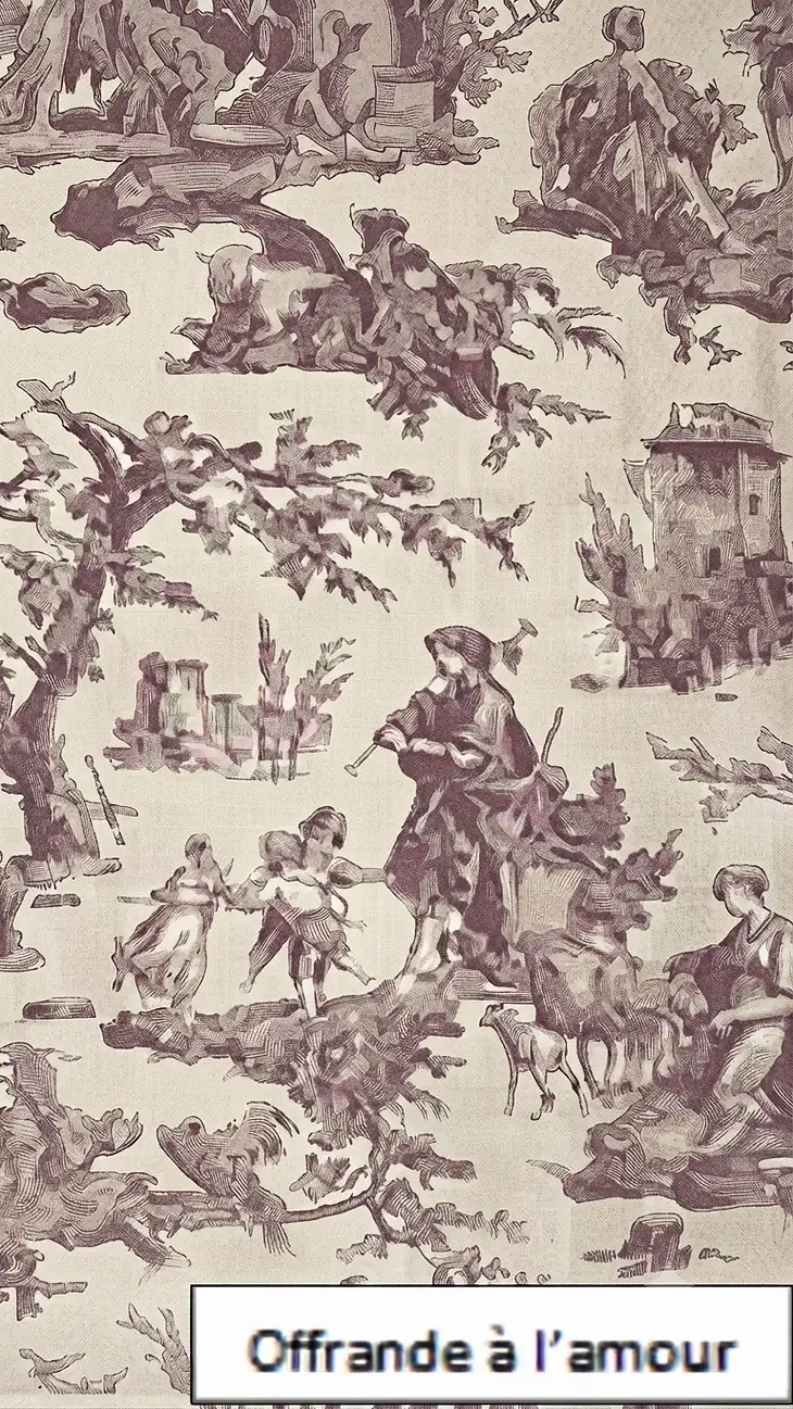 Sepia-toned toile de Jouy pattern depicting children and pastoral animals.