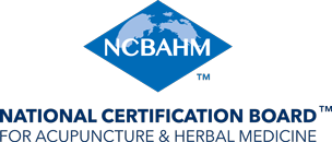 Logo of National Certification Board for Acupuncture & Herbal Medicine featuring a blue diamond shape with a globe and the letters N C B A H M inside.
