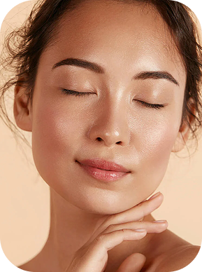 Close-up of a woman with radiant skin, eyes closed, gently resting her chin on her hand against a beige background.
