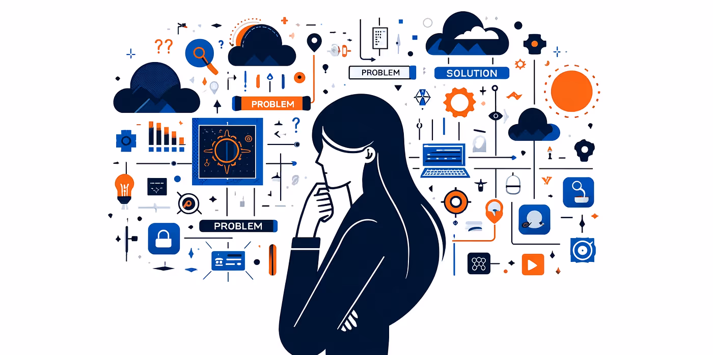 Woman pondering technical problems and relevant solutions.