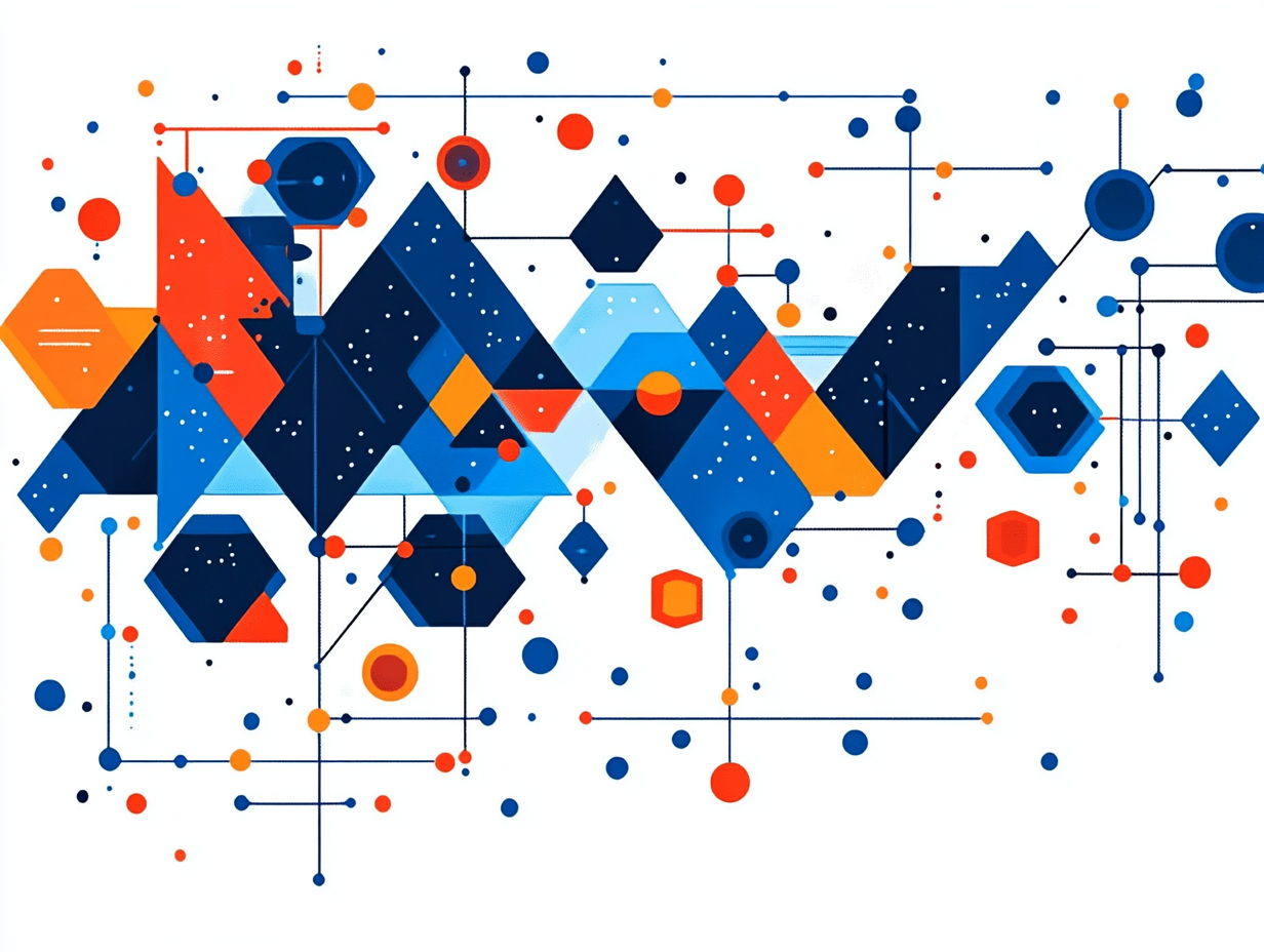 Abstract geometric illustration of interconnected nodes and pathways in Catio's orange and blue palette