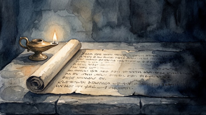 A watercolor illustration of an ancient, rolled-out parchment scroll resting on a stone surface, illuminated by the warm light of a small oil lamp in a dark, cave-like room.