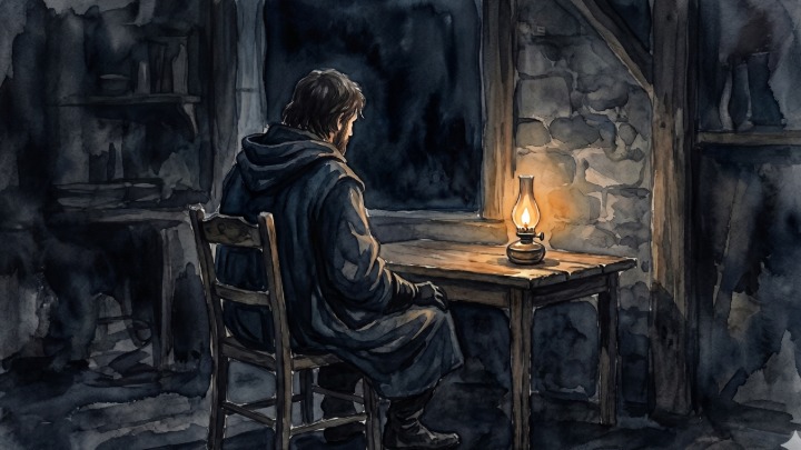 A watercolor illustration of a person sitting in a wooden chair at a small table in a dark, stone-walled room, illuminated only by a single glowing lantern.