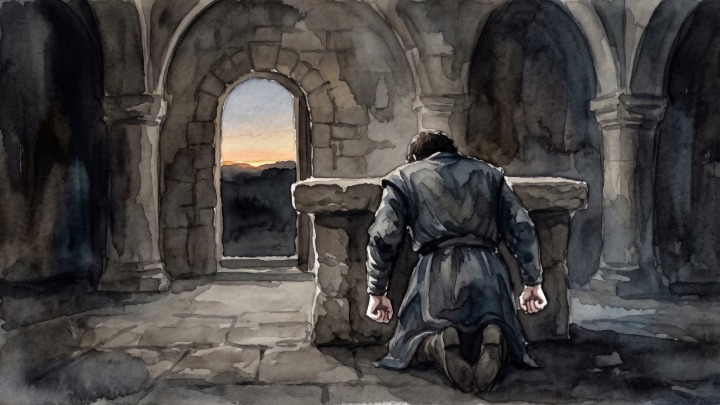 A watercolor illustration of a man in dark robes kneeling before a stone altar in a large, shadowed cathedral or abbey, with a bright sunset visible through an arched doorway in the background.