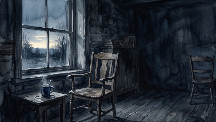 A watercolor illustration of a dimly lit, stone-walled room featuring an empty wooden chair in the center, a window showing a dark night sky, and a small steaming mug on a side table.