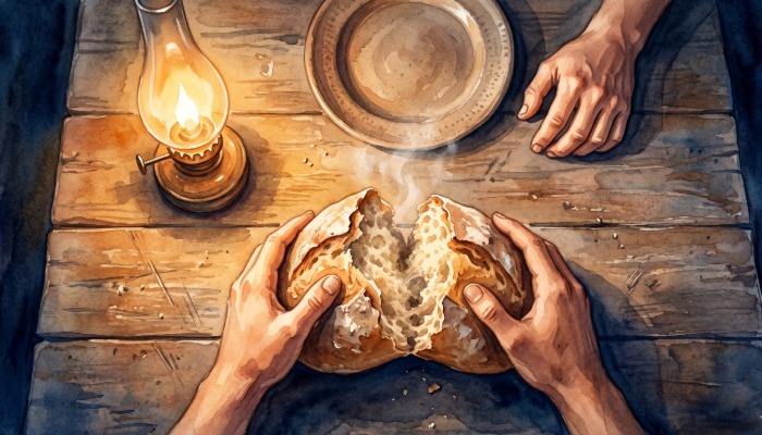 A watercolor illustration from a first-person perspective showing hands breaking open a warm loaf of crusty bread on a wooden table, with a lit lantern and a small bowl in the background.