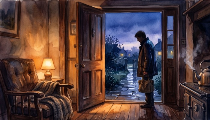A watercolor illustration of a person standing at an open front door at night, looking out into a dark, rainy street while warm light spills from the interior of the house behind them.