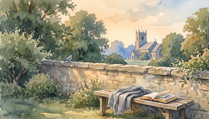 A watercolor illustration of a low stone wall and a wooden bench with a blanket and an open book on it, looking across a field toward a church building in the distance under a soft blue sky.