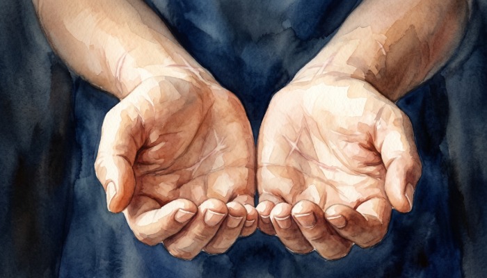 A watercolor illustration of two open hands held upward in a receptive or pleading gesture, shown from a first-person perspective against a soft white and blue background.