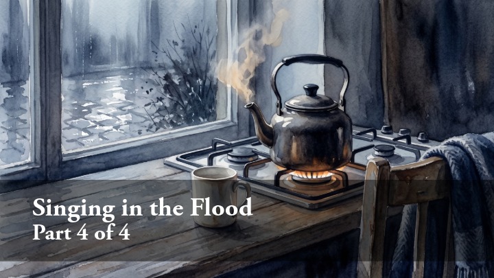 A watercolor-style illustration of a steaming black kettle on a gas stove in a kitchen, with a cup of tea nearby and a rainy window in the background.