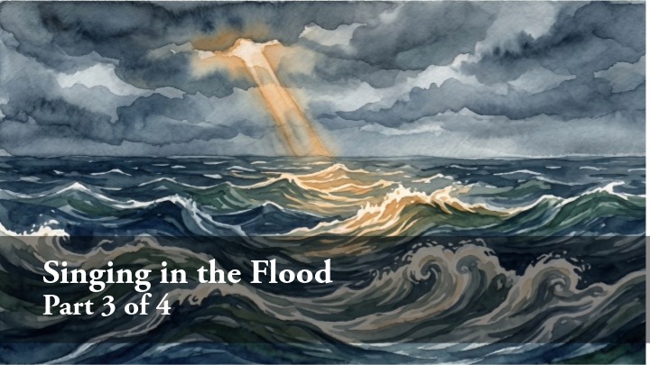 A watercolor painting of a turbulent, dark sea with large waves crashing, while a single beam of light breaks through heavy grey clouds to illuminate the water.