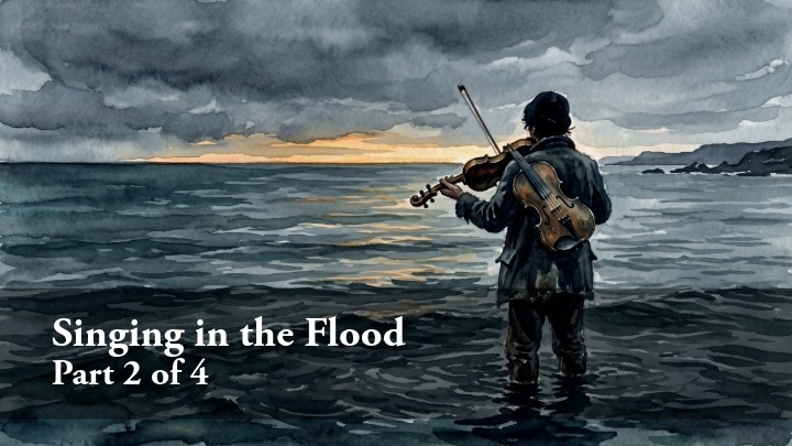 A watercolor illustration of a man standing on a shoreline with his back to the viewer, playing a violin while looking out over a vast, dark sea under a cloudy sky.