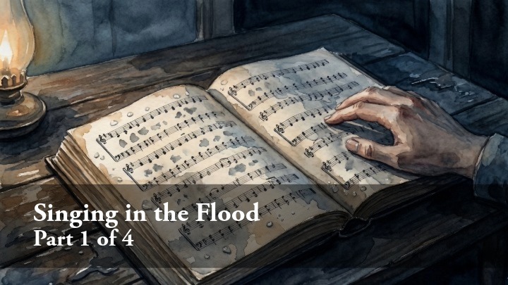 A watercolor illustration of hands resting on an open book of sheet music by the light of a lantern, with the text "Singing in the Flood Part 1 of 4" overlaid on the bottom left.