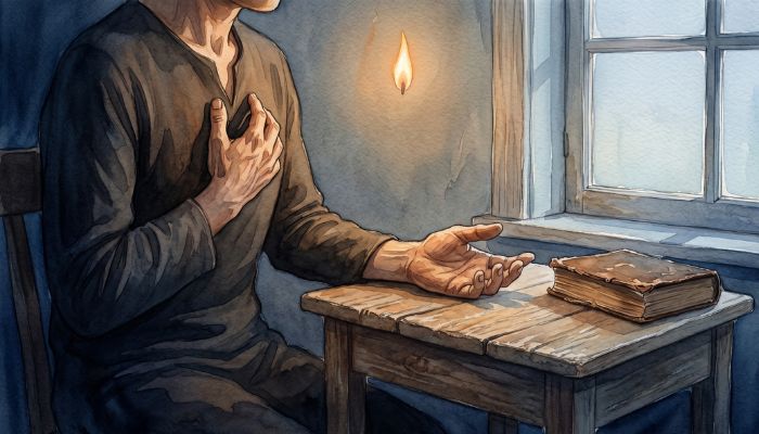 A figure sits in pre-dawn silence by a small table, one hand palm-up, while a single small amber flame hovers quietly above their head — the Spirit's quiet presence in the wordless prayer.