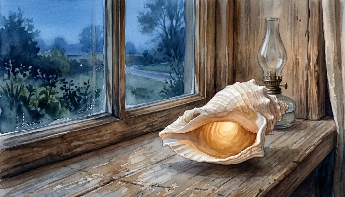 A seashell rests open on a wooden windowsill at first light, soft amber lamp glow entering its curved chamber, suggesting hearing as a gift received rather than a sound strained for.