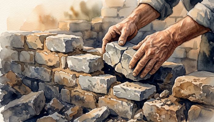 Weathered hands set a visibly cracked stone into a half-rebuilt wall that rises from scattered rubble, warm afternoon light across the stonework, suggesting a ruin being rebuilt from the very pieces that fell.