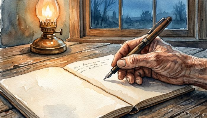 A tired hand still loosely holds a pen over a near-blank notebook at dawn, warm lamp light across the page, the light grip suggesting stubborn survival, a hand that has not let go.