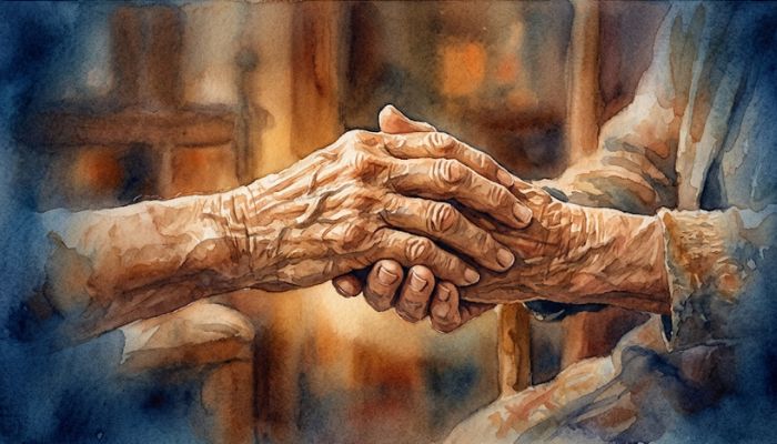 Two weathered hands clasped gently and firmly together, lit evenly by soft amber light with no shadow on either, set against an unhurried warm background, suggesting truth and grace held together over time.