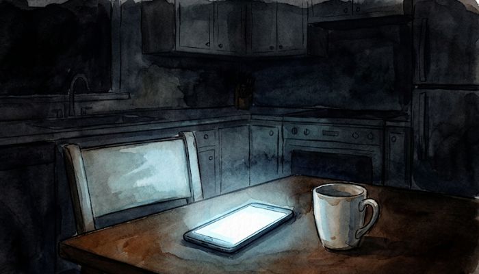 A darkened kitchen at night lit only by the cold blue-white glow of a phone face-up on the table, beside an empty chair and a single used mug, the rest of the room in deep shadow, suggesting comfort that leaves no warmth behind.