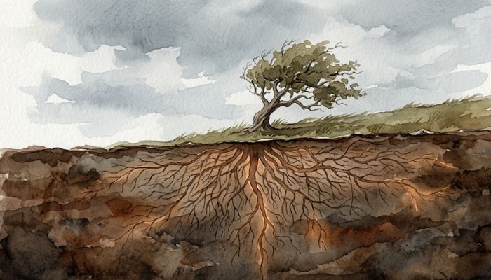A painterly cross-section of a tree on a hillside under storm-grey sky, its modest branches above ground and a vast, deep root system glowing faintly amber below the soil, the roots far larger than the visible tree, suggesting slow hidden strength.