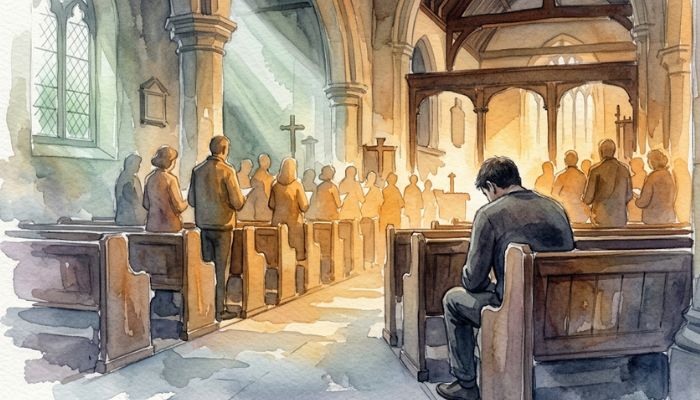 A church interior during worship seen from behind, a warm blur of a standing congregation, with one lowered-shouldered figure slightly apart in cooler light, holding the gap between the singing room and the person who cannot feel it.