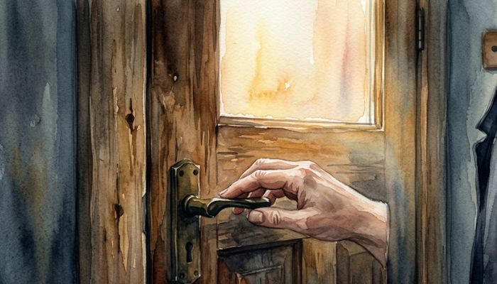 A hand rests tensely on a front door handle from the inside without turning it, warm morning light coming through the door's small window, a coat ready on a hook nearby, the ordinary act of leaving held back.