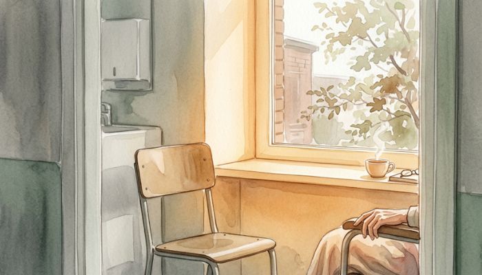 A plain institutional room softened by warm light, two simple chairs set close by a window, one with a resting hand and a cup of tea on the sill, the other empty and turned toward it, ready, suggesting unhurried presence in a clinical place.
