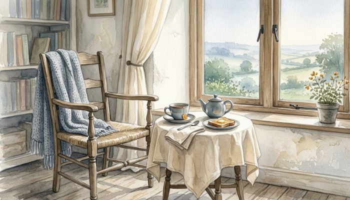 An empty chair by a window beside a table set for one, soft morning light, a single cup, conveying quiet absence and held hope.