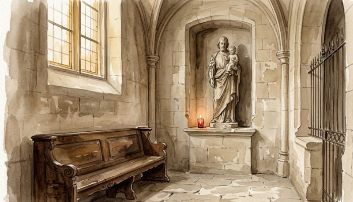 A quiet church side chapel with a worn statue of Joseph and child, soft window light over an empty pew, evoking faithful presence and quiet exile.