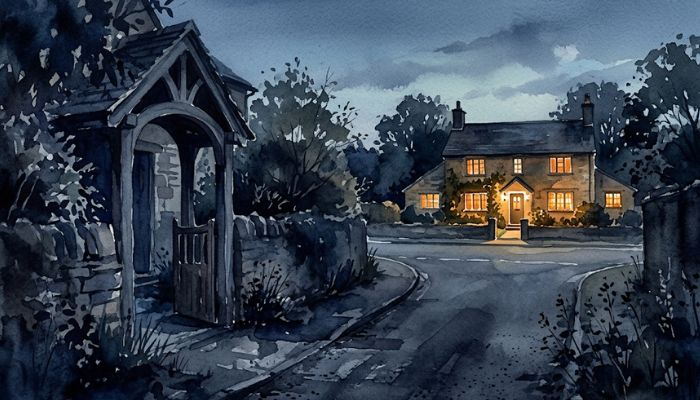 A warmly lit house seen from across a dark street at dusk, viewed from a quiet empty doorway, evoking a parent looking in from outside an intact-looking family.