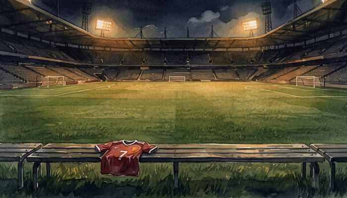 An empty stadium bench at pitch level with a single folded jersey on it, warm floodlights over an empty field, evoking an injured player watching from the sidelines.