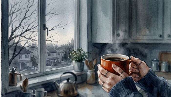 Two hands cradling a warm cup of coffee by a window in dim pre-dawn light, bare branches outside, evoking small defiant joy held in a hard season.