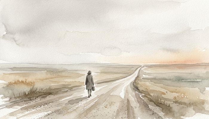 A lone figure walking a long empty road toward a distant horizon that never draws closer, evoking the endless chase of the hedonic treadmill.