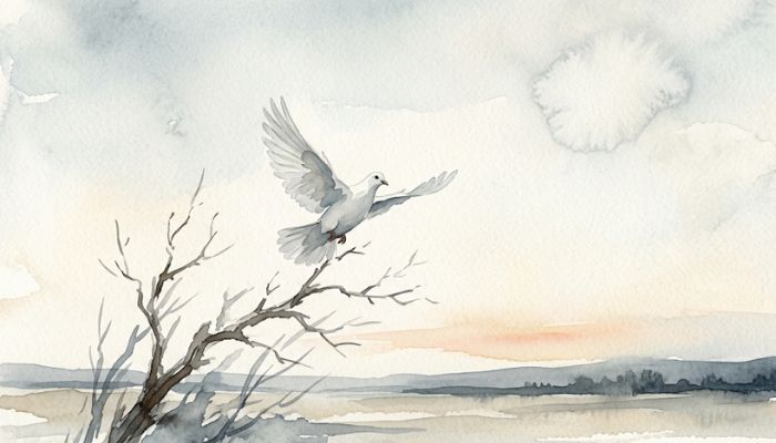 A single dove lifting from a bare branch toward a wide open sky, evoking the longing to fly away from an unbearable storm.