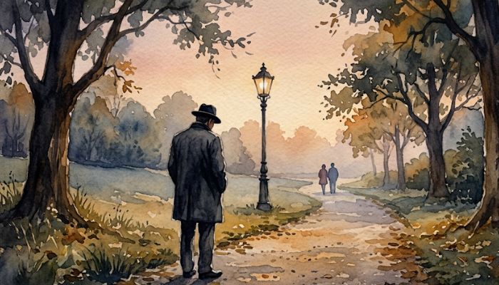 A solitary man standing on a city pavement at dusk, viewed from behind, figures receding in the soft distance, rendered in muted watercolour tones of grey-blue and amber.