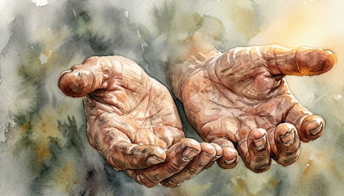 Weathered open hands held upward in a posture of asking, painted in muted watercolour tones with warm light falling from above.