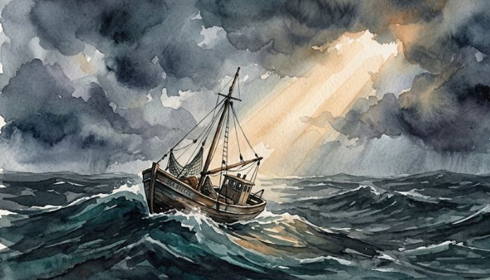 Watercolour painting of a small wooden boat tossed on dark stormy waves, one shaft of pale gold light breaking through grey clouds toward it, evoking hope held within a long storm.