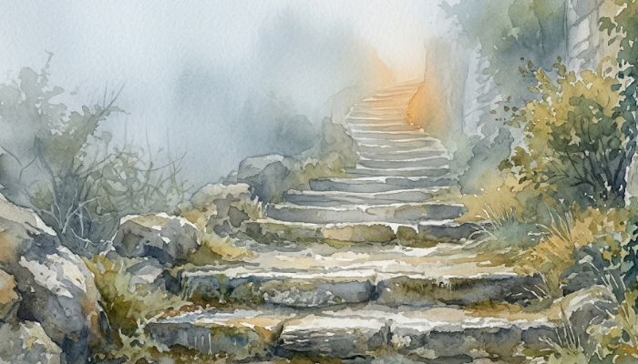 A watercolour of worn stone steps climbing into morning mist, each catching faint light, muted palette with a warm amber glow near the top, evoking the long climb of years and the wisdom of counting each day.