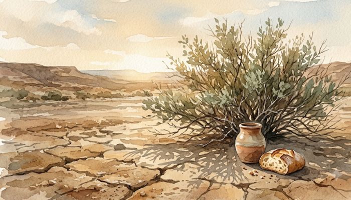 A lone desert broom bush throwing thin shade over dry ground, with a small clay water jar and bread resting beneath it in soft warm light, evoking rest and provision in a hard place.
