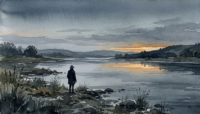 A solitary figure stands on the near bank of a shallow river at first light, seen from behind with no visible face, soft amber dawn breaking across muted grey-blue water on the far side.
