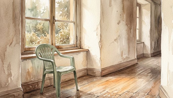 An empty chair beside a sunlit window in a quiet corridor, painted in muted warm tones, evoking the long wait of a hard season.
