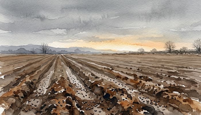 Watercolour of a bare furrowed field at dawn with seeds pressed into wet earth and faint warm light on the far horizon, evoking faithful sowing before the harvest.