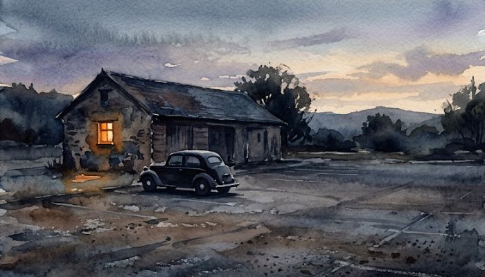 Watercolour of a car parked alone in an empty carpark at dusk, a low building behind it with a single warm lit window.